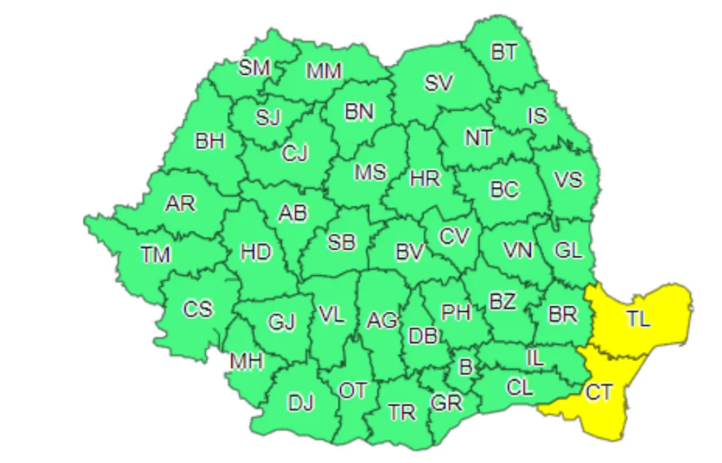 Cod galben de ninsori și vânt puternic în Dobrogea
