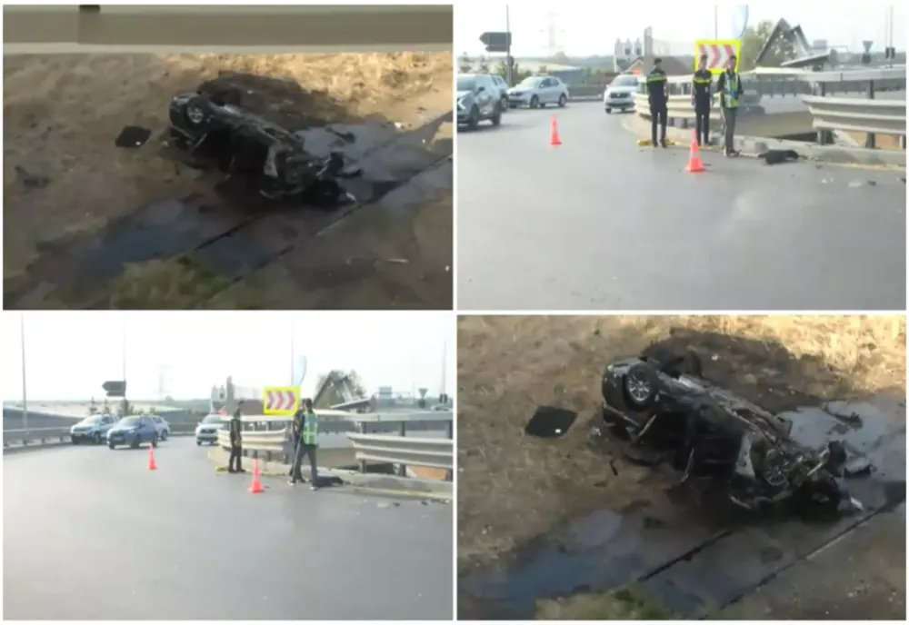 TRAGEDIE PE CENTURA BUCUREȘTIULUI. DOI OAMENI AU MURIT, DUPĂ CE MAȘINA LOR A CĂZUT DE PE UN POD ȘI A FOST CUPRINSĂ DE FLĂCĂRI