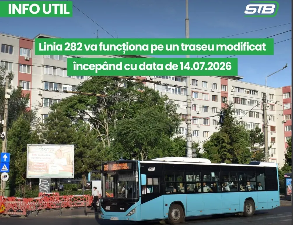Linia 282 își schimbă traseul din 14 iulie. STB anunță noile stații și itinerarul complet