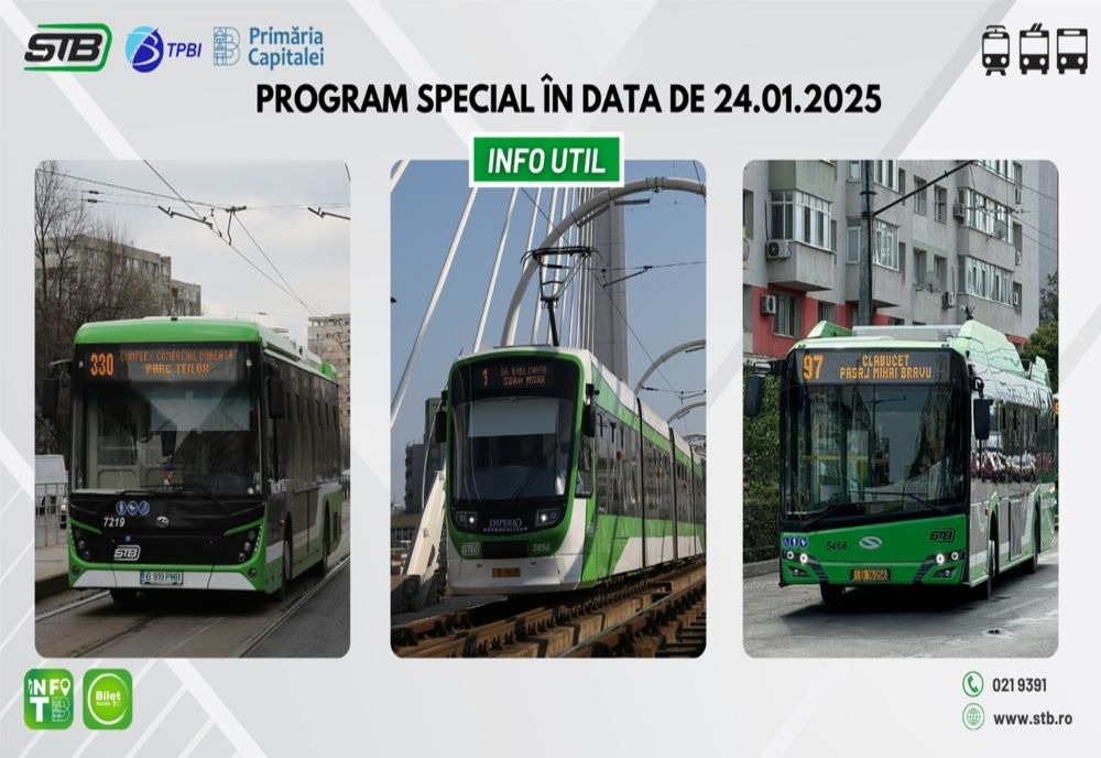 STB: PROGRAM SPECIAL AL AUTOBUZELOR ȘI TROLEIBUZELOR CU OCAZIA ZILEI UNIRII PRICIPATELOR ROMÂNE