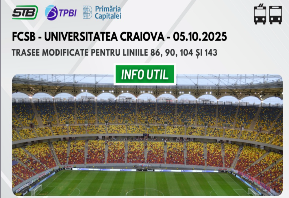 DEVIERE TEMPORARĂ A TRANSPORTULUI PUBLIC ÎN BUCUREȘTI, DUMINICĂ SEARA, PENTRU MECIUL FCSB - UNIVERSITATEA CRAIOVA