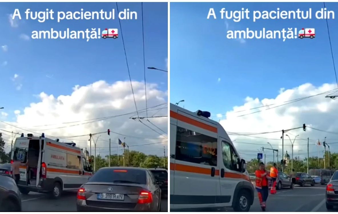 Scene neobișnuite în București: un pacient a coborât din ambulanță în mijlocul traficului și a fost imobilizat de jandarmi