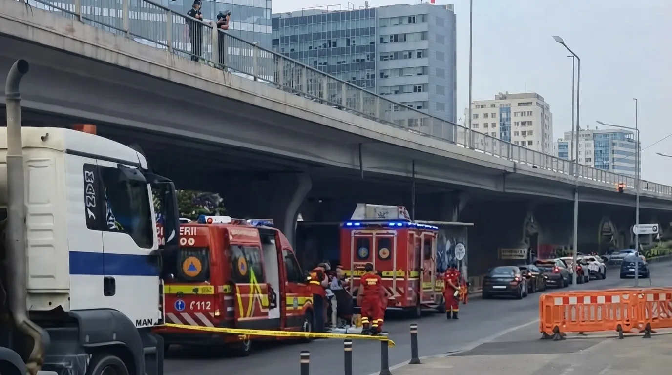 Incident șocant în Capitală: un bărbat de 26 de ani s-ar fi aruncat de pe pod, la Barbu Văcărescu: precizările Poliției VIDEO