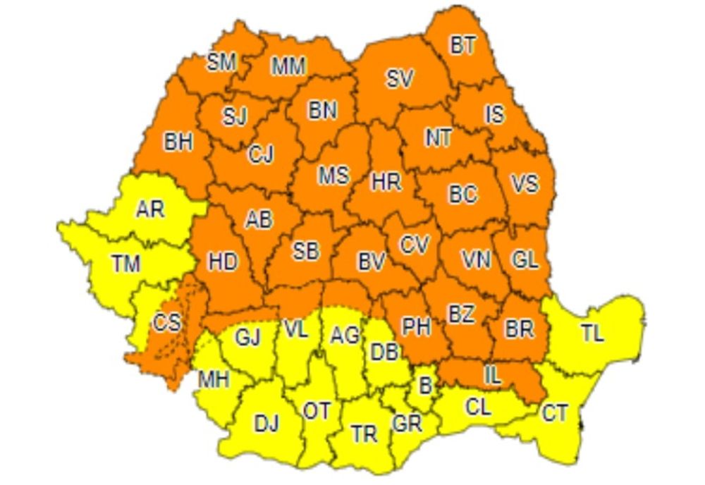 ANM a emis sâmbătă, atenționări meteo COD GALBEN și COD PORTOCALIU de vreme extremă