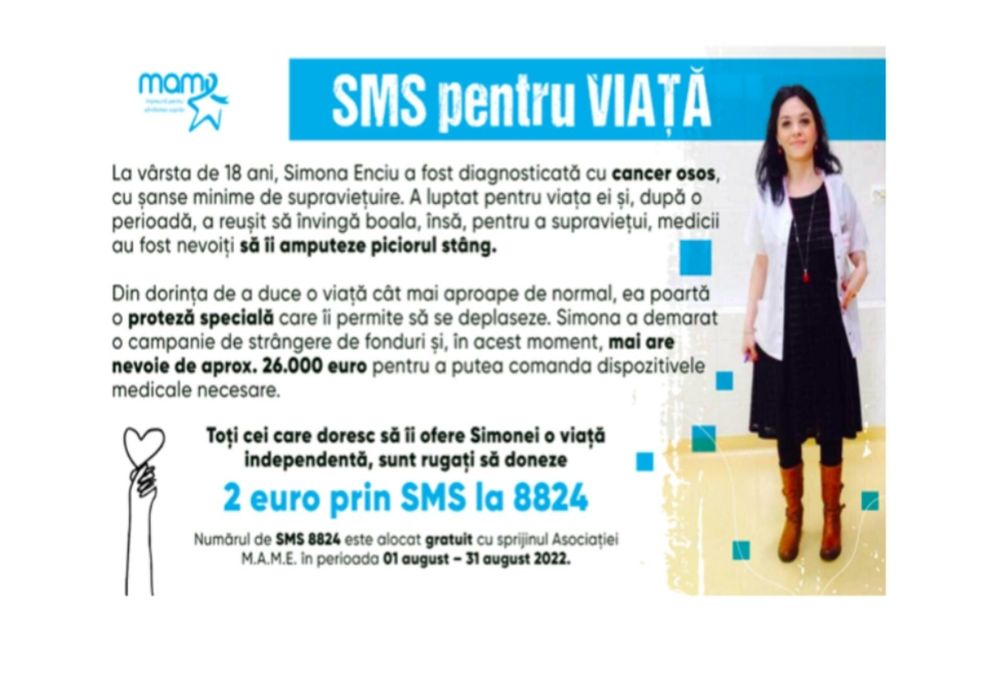 SMS pentru viață. Simona Enciu a supraviețuit cancerului, dar are nevoie de o proteză - Și tu poți face minuni donând 2 euro!